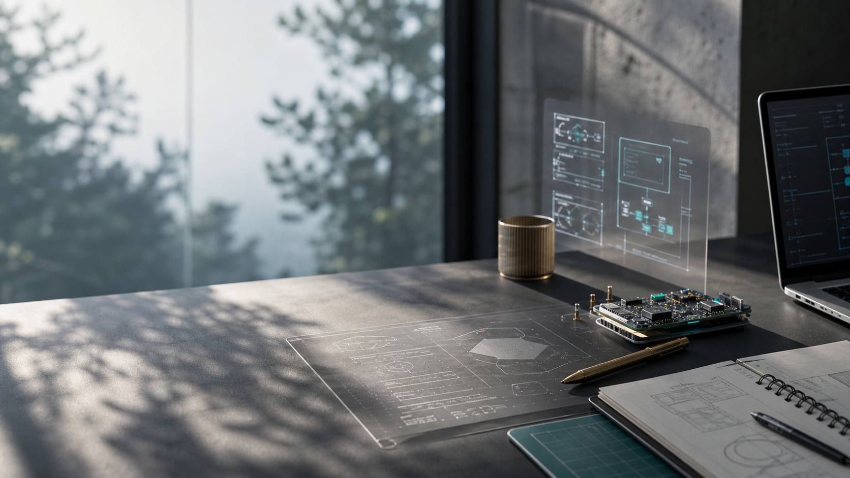A technology studio workbench with hardware, notebook, and interface light